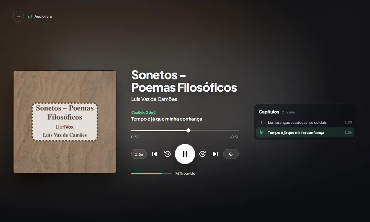Player de audiolivro do Leafy no Windows: Sonetos de Camões do LibriVox, com a lista de capítulos