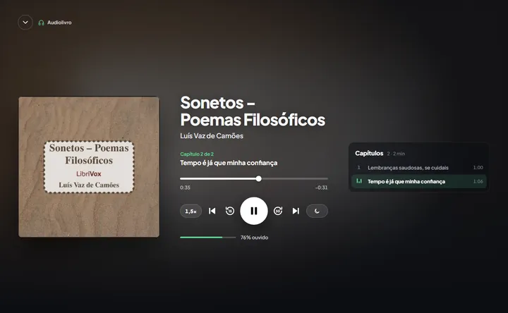Player de audiolivro do Leafy com capítulos, velocidade 1,5x e timer