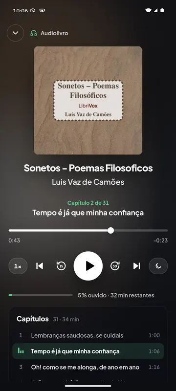 Player de audiolivro do Leafy no Android: Sonetos de Camões, capítulo 2 de 31