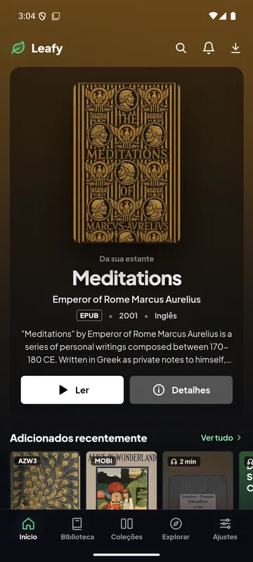 Tela inicial do Leafy no Android, com o livro Meditations em destaque